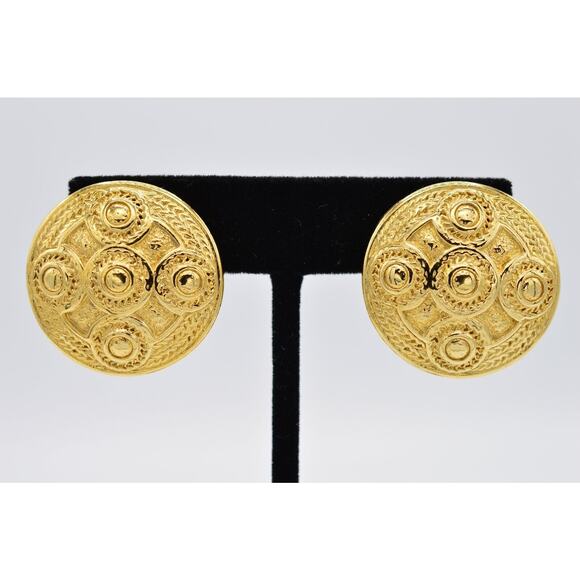Givenchy Vintage Clip On Earrings Gold Abstract Pattern Heavy Chunky Signed BinX - Picture 1 of 11